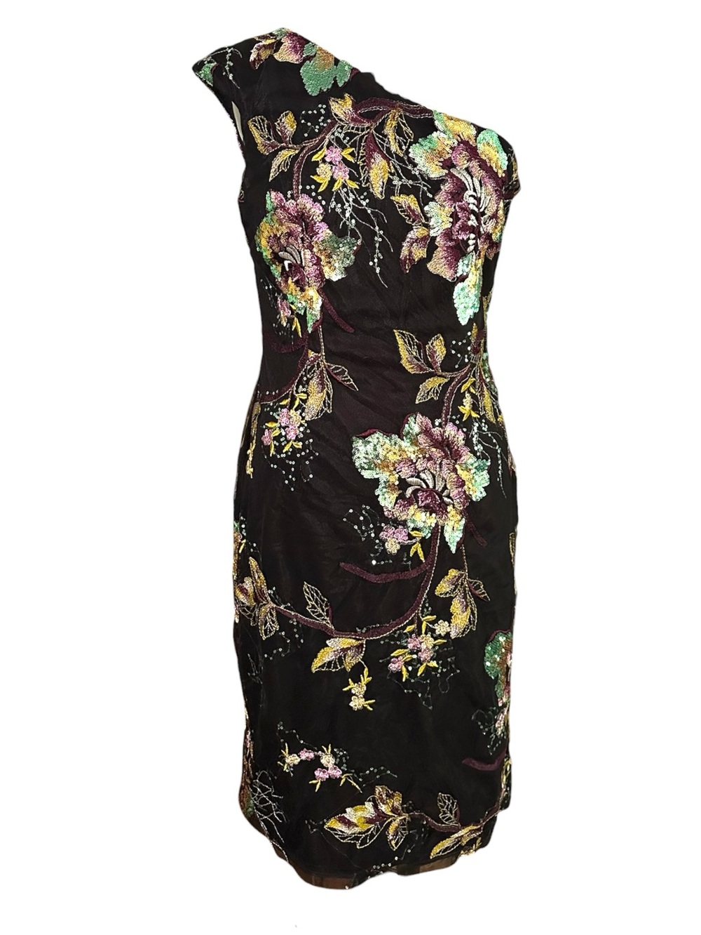 David Meister Embroidered One-Shoulder Floral Sequin Dress 10
